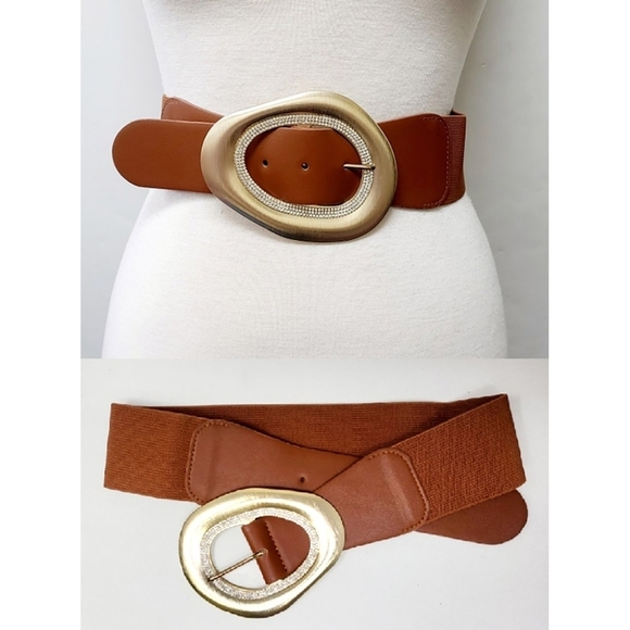 IN Accessories - NEW Brown Stone Paved Abstract Golden Oval Buckle Elastic Belt